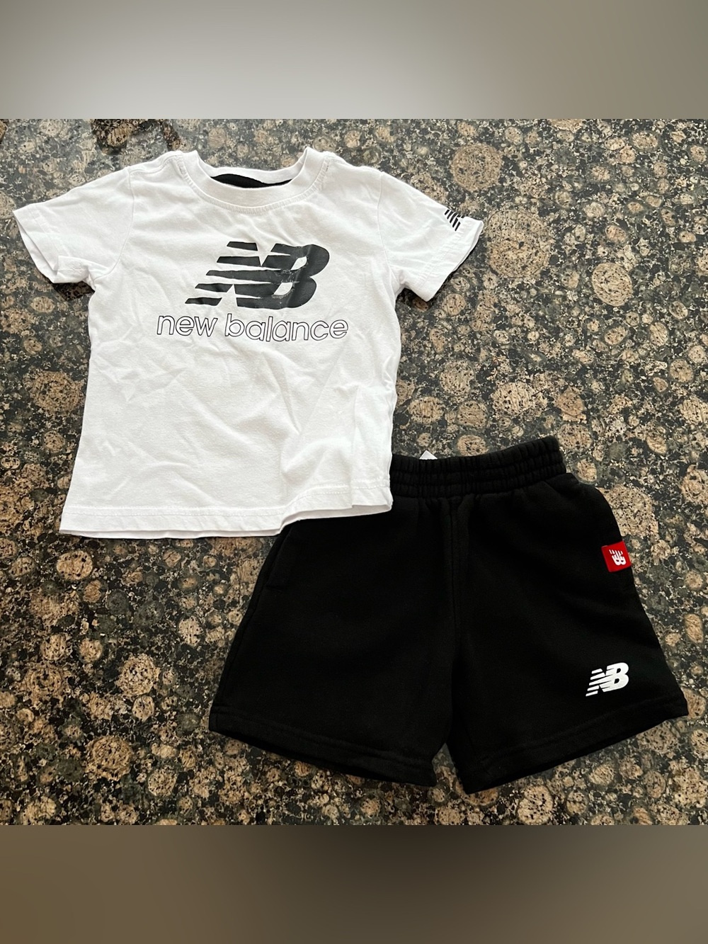 New‎ Balance White Tee with Black Logo & Black Shorts